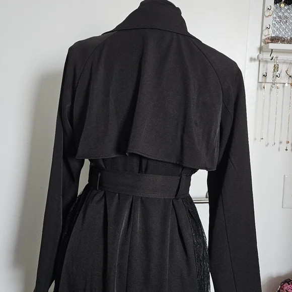 Resexxy Gyaru Black Trench Coat Pleated Lace Panel Sides Tortoise Shell Buttons - Picture 10 of 14